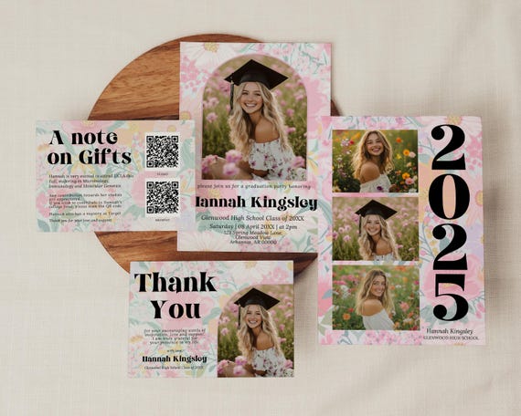 Class of 2025 Graduation Party Invitation, Graduation Suite, Graduation Announcement, Floral, Minimal, College Fund, Thank, Canva Template