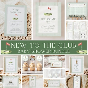 以下が含まれることがあります： ゴルフをテーマにしたベビーシャワーの装飾品のコレクション。招待状、ウェルカムサイン、その他のコーディネートされた文房具が含まれています。配色は主に緑と白で、ゴルフコースのイラストと「New to the Club」のテキストが特徴です。