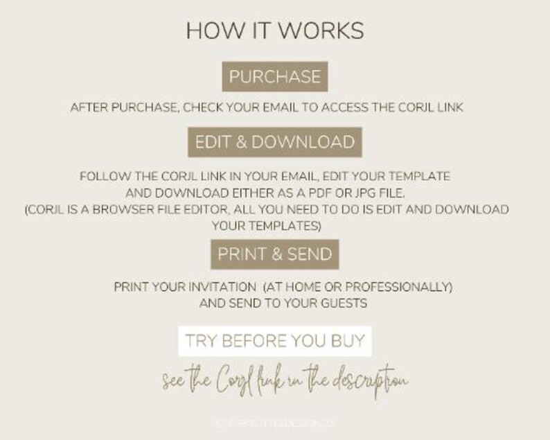 May include: How it works: Purchase, check your email for a link, edit and download your template using Corjl, a browser-based editor, then print and send. Try before you buy, see the Corjl link in the description.