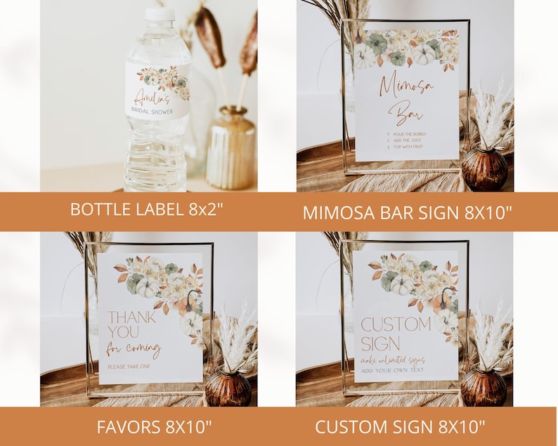 May include: Four printable signs for a bridal shower. The signs feature a floral design with pumpkins and the text "Anding's Bridal Shower", "Mimosa Bar", "Thank You for Coming", and "Custom Sign". The signs are 8x10 inches.
