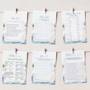 May include: A set of printable baby shower games with a tropical theme. The games include "Baby ABC", "Think Fast", "Match the Baby Events to its Meaning", "Baby Trivia", "Who am I", and "Baby Family Feud".