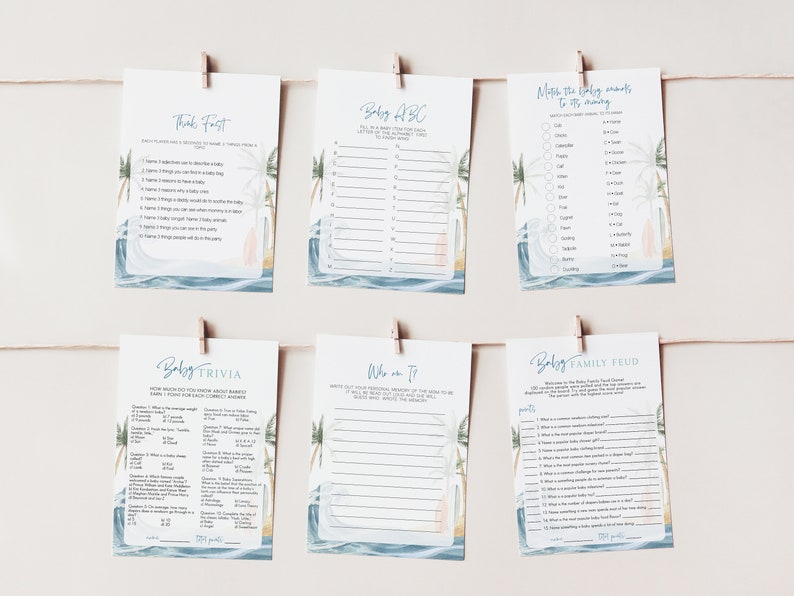 May include: A set of printable baby shower games with a tropical theme. The games include "Baby ABC", "Think Fast", "Match the Baby Events to its Meaning", "Baby Trivia", "Who am I", and "Baby Family Feud".