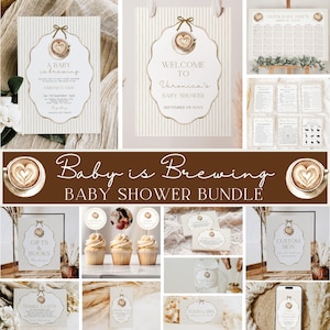 May include: A collection of baby shower decorations with a coffee theme. The bundle includes invitations, welcome signs, a calendar, game cards, cupcake toppers, gift tags, and labels. The color scheme is cream, brown, and gold, with a coffee cup design.