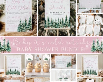 May include: A collection of baby shower decorations with a winter theme. The set includes invitations, signs, cupcake toppers, and thank you cards. The color scheme is pink and green, with illustrations of pine trees and snowflakes. Text includes "Baby it's Cold Outside".