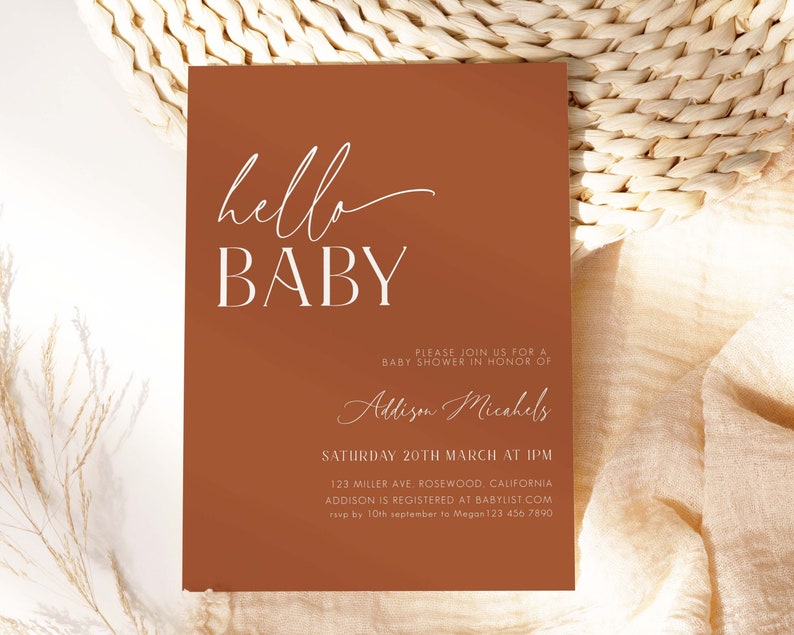 Terracotta Baby Shower Invitation, Burnt Orange Baby Shower Invitation, Minimal Baby Shower Invite, Minimal Baby Shower Invitation, Editable image 1