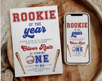 Rookie of the Year 1st Birthday Invitation, Baseball 1st Birthday Invite, Baseball Birthday Invitation, Little Slugger, Evite, Template
