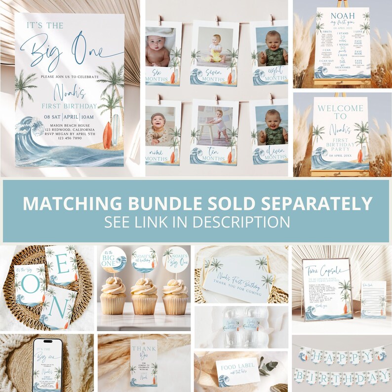May include: A set of printable party decorations for a first birthday party with a beach theme. The decorations include a welcome sign, a sign with the baby's age in months, cupcake toppers, a banner, and a thank you card. The decorations feature a blue and white color scheme with palm trees, waves, and surfboards.