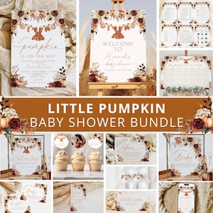 Peut inclure: Un ensemble pour une baby shower sur le thème de la citrouille. L'ensemble comprend des invitations, des panneaux de bienvenue, des jeux, des décorations de cupcakes, des cartes de remerciement, etc. La palette de couleurs est chaleureuse, avec des nuances de marron, d'orange et de crème.