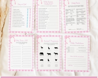 Pink Bow Baby Shower Games Bundle, Pink Gingham Baby Shower Games, Pink Baby Shower Games, Girl Baby Shower Games, Minimal, Template