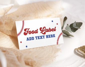 Puede incluir: Etiqueta de comida blanca con costuras de béisbol rojas y azules y estrellas. El texto dice "Food Label ADD TEXT HERE".