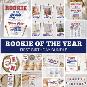 May include: A collection of baseball-themed first birthday party decorations. Includes invitations, photo cards, cupcake toppers, banners, and signs with the text "Rookie of the Year" and "First Birthday". The color scheme is red, white, and blue.