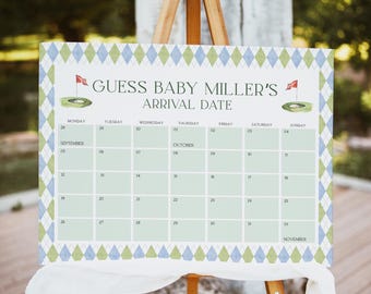 New to the Club Baby Shower Calendar, Guess Baby's Due Date, Little Putter, Boy Baby Shower, Canva Template