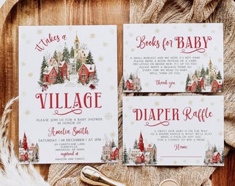 Op de afbeelding: Babydouche-uitnodigingsset met een dorps thema. De uitnodiging bevat rode tekst en illustraties van huizen en bomen. Bevat een kaart "Boeken voor baby" en een kaart "Luier verloting". Een gouden wasstempel en een zegel zijn ook aanwezig.