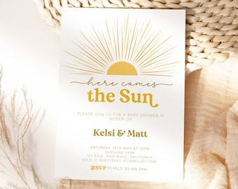 Editable Here Comes the Sun Baby Shower Invitation, Sun Baby Shower Invitation, Sunshine Baby Shower Invitation Boy, Here Comes the Son