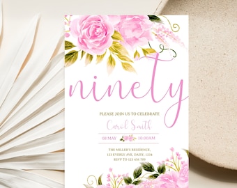 90th Birthday Invitation Purple, 90th Floral Birthday Invite, 90th Milestone, Editable Instant Download