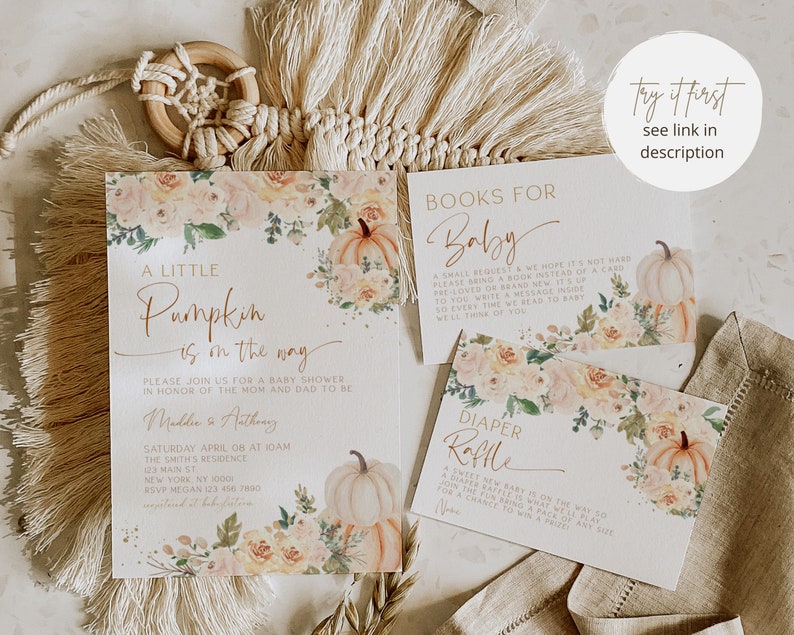 May include: A baby shower invitation with a pumpkin theme. The invitation features a watercolor illustration of pumpkins, flowers, and leaves. The text on the invitation reads "A Little Pumpkin is on the way".