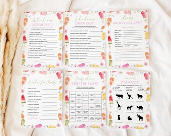 Può includere: Un set di sei biglietti per giochi per baby shower con un design di ghiaccioli e fiori. I biglietti includono giochi come "Chi conosce meglio la mamma?" e "Previsioni e consigli per il bambino". I colori sono rosa pastello, giallo e verde.