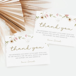 Wildflower Baby Shower Thank You Card, Floral Baby shower Thank You Card, Bunny Baby Shower Thank you Card, Editable Template