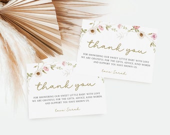 Tarjeta de agradecimiento para baby shower con flores silvestres, tarjeta de agradecimiento para baby shower con flores, tarjeta de agradecimiento para baby shower con conejitos, plantilla editable