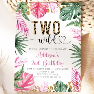 Two Wild Birthday Invitation Girl Leopard Print, Two Wild Birthday Invitation, Two Wild Invitation, Editable Two Wild Invitation. Instant