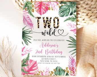 Two Wild Birthday Invitation Girl Leopard Print, Two Wild Birthday Invitation, Two Wild Invitation, Editable Two Wild Invitation. Instant