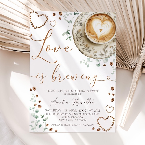 Inbjudan till bruddusch med kärlek, inbjudan till bruddusch med kärlek, inbjudan till bruddusch med kaffe, kaffetema, Canva-mall