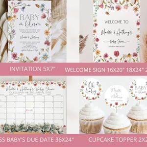 Op de afbeelding: Printbare baby shower decoraties in een bloemen thema. Inclusief een uitnodiging, een welkomstbord, een kalender om de uitgerekende datum van de baby te raden en cupcake toppers. De uitnodiging zegt "Baby in Bloom" en het welkomstbord zegt "Welkom op de baby shower van Maddie & Anthony".