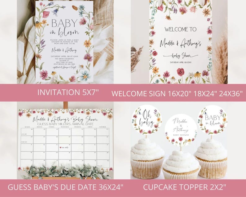 Op de afbeelding: Printbare baby shower decoraties in een bloemen thema. Inclusief een uitnodiging, een welkomstbord, een kalender om de uitgerekende datum van de baby te raden en cupcake toppers. De uitnodiging zegt "Baby in Bloom" en het welkomstbord zegt "Welkom op de baby shower van Maddie & Anthony".