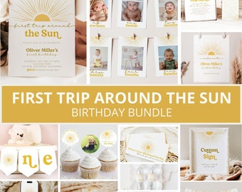 First Trip Around The Sun Bundle, Sunshine Birthday Bundle, Sun Birthday Invitation Bundle, Sunshine 1st Birthday Invite, Editable Templates