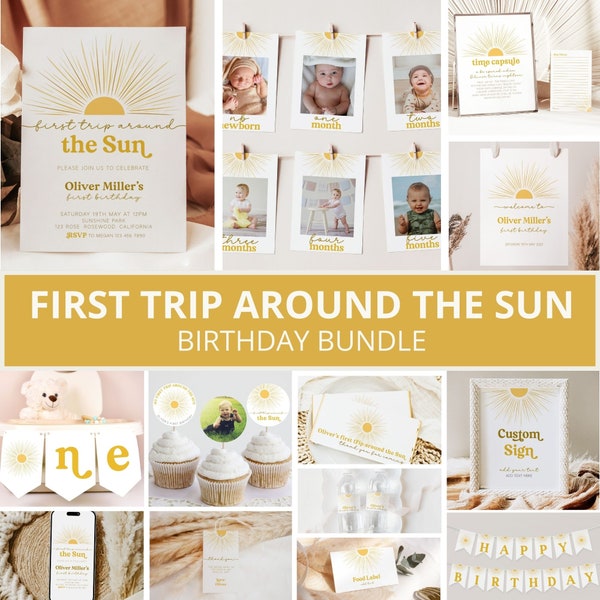 First Trip Around The Sun Bundle, Sunshine Birthday Bundle, Sun Birthday Invitation Bundle, Sunshine 1st Birthday Invite, Editable Templates