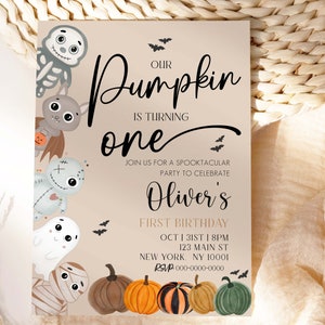 Pumpkin Patch Halloween 1st Birthday Invitation, First Birthday Invite, Neutral Halloween Birthday, Boy Halloween Invitation, Editable