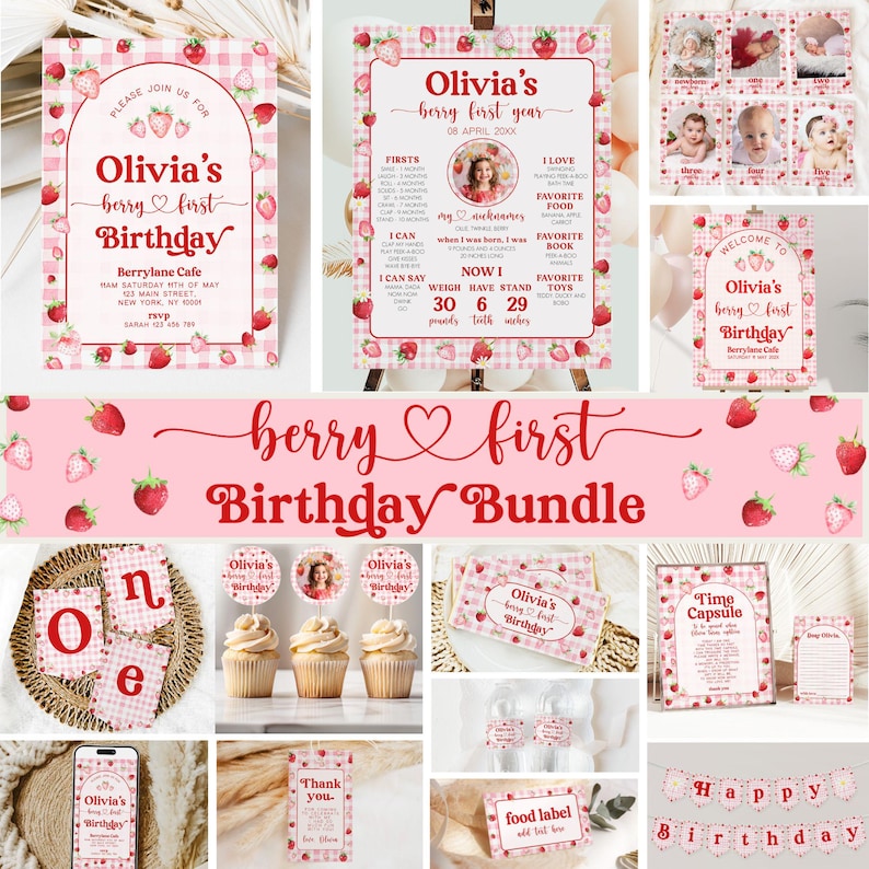 Berry First Birthday Bundle, Strawberry Birthday Bundle, Berry First Birthday Invitation, Berry First Birthday Decor, Berry 1st, Template image 1
