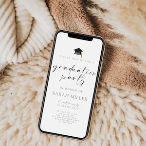 May include: A smartphone screen displaying a graduation party invitation for Sarah Miller, Cornell University Class of 2024. The invitation includes the date, time, location, and RSVP information.