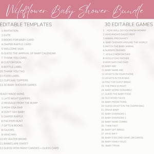 Op de afbeelding: Een roze en witte printbare babyborrelbundel met bewerkbare sjablonen en spellen. De bundel bevat 30 bewerkbare spellen en 13 bewerkbare sjablonen. De tekst "Wildflower Baby Shower Bundle" staat bovenaan de pagina.