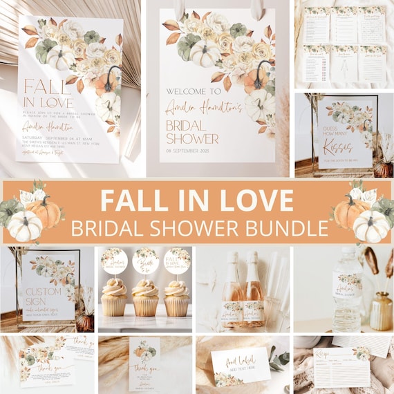 Fall in Love Bridal Shower Bundle, Fall Pumpkin Bridal Shower Invitation, Fall Bridal Shower, Bridal Shower Decor, EditableTemplate