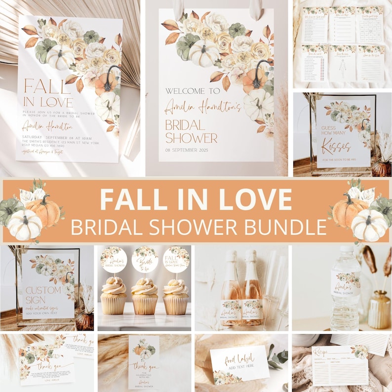 May include: Fall in Love bridal shower bundle with printable signs, labels, and games. The design features a watercolor pumpkin and floral motif in shades of orange, white, and green.