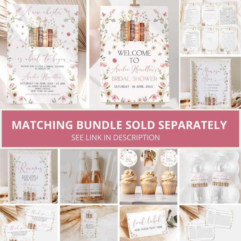 May include: A set of printable bridal shower decorations featuring a floral and book theme. The set includes a welcome sign, a recipe card, a thank you card, a food label, a game card, and cupcake toppers. The decorations are in shades of pink, green, and white.