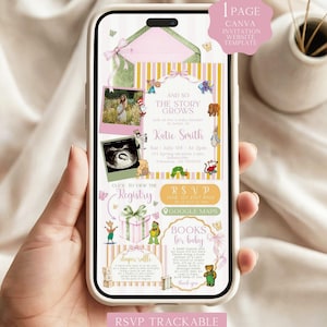 Könnte beinhalten: Eine digitale Babyparty-Einladungsvorlage auf einem Smartphone-Bildschirm mit gelb-weiß gestreiftem Hintergrund, Illustrationen von Märchenfiguren, Fotoplatzhaltern und Texten wie And So The Story Grows, Registry, RSVP und Books for Baby.