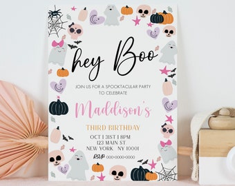 Invitación de cumpleaños de Halloween, invitación de cumpleaños de Halloween, cumpleaños de Halloween en colores pastel, Halloween rosa, plantilla editable, descarga instantánea