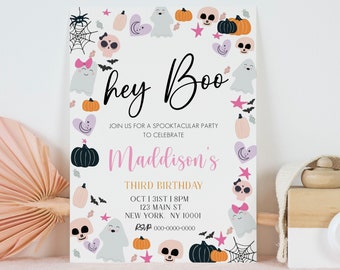 Halloween Birthday Invitation, Halloween Birthday Invite, Pastel Halloween Birthday, Pink Halloween, Editable Template, Instant Download