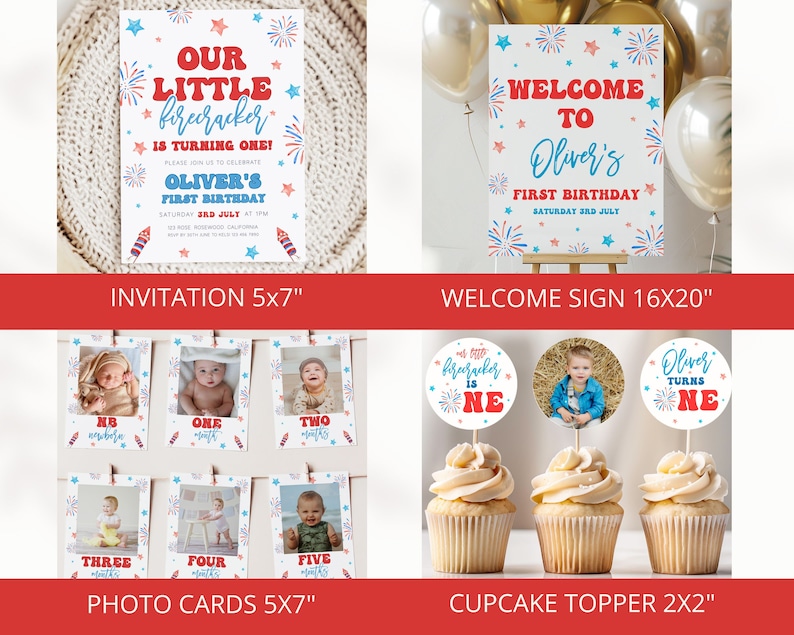 May include: A set of printable party decorations for a first birthday party with a red, white, and blue fireworks theme. The set includes an invitation, a welcome sign, photo cards, and cupcake toppers. The invitation says "Our Little Firecracker is Turning One!" and the welcome sign says "Welcome to Oliver's First Birthday". The photo cards feature a photo of a baby boy and the numbers one through five. The cupcake toppers feature a circle with the text "Our Little Firecracker is One" and a photo of a baby boy.