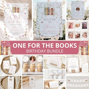 One For The Books Birthday Bundle, First Chapter Birthday Bundle, Book themed Birthday, Storybook Birthday Decor, Invite, Girl, Canva