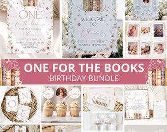 Pode incluir: Um pacote de festa de aniversário imprimível com tema de livros. O pacote inclui uma placa de boas-vindas, uma placa que diz "One for the Books", toppers de cupcake, uma faixa e outras decorações. As decorações são em tons de rosa, verde e branco com um design floral.