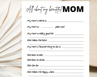 All About Mom Printable, Mothers Day Card, Mothers Day Activity, All About Mom Questionnaire, Digital Download, Mothers Day Printable PDF