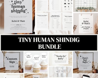 May include: A printable baby shower bundle with a black and white color scheme. The bundle includes a welcome sign, a custom sign, cupcake toppers, a baby shower game, a food label, and a thank you card. The text on the welcome sign reads "Welcome to Kelsi & Matt's Tiny Human Shindig".