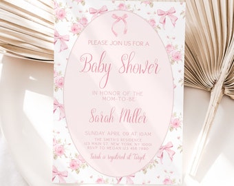May include: A pink and white baby shower invitation with a floral design and a pink bow. The invitation reads "Please join us for a Baby Shower in honor of the Mom-to-be Sarah Miller. Sunday April 09 at 10am The Smith's Residence 123 Main St. New York, NY 10001 RSVP to Megan 123 456-7890 Sarah is registered at Target"