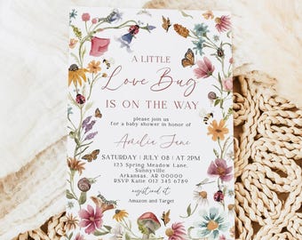 A Little Love Bug Baby Shower Invitation, Love Bug Baby Shower Invite, 5x7", Floral Bug Theme, Canva Template