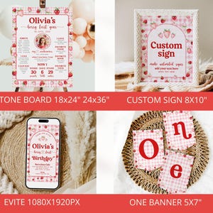 May include: A set of printable party decorations for a first birthday party with a strawberry theme. The set includes a milestone board, a custom sign, and a banner. The milestone board is 18x24 inches or 24x36 inches. The custom sign is 8x10 inches. The banner is 5x7 inches.