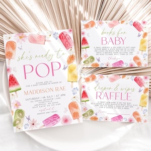 May include: Baby shower stationery set featuring popsicle illustrations. The invitation reads "She's ready to POP" with event details. Accompanying cards include "Books for Baby" and "Diaper & Wipes Raffle", all with floral and popsicle designs.