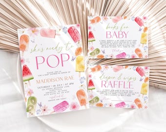 Popsicle Baby Shower Invitation Suite, She's Ready to Pop Baby Shower Invite, Popsicle Themed Baby Shower Invite, Summer, Canva Template